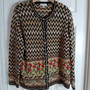 Vintage Black And Gold Button Up Cardigan With Floral Pattern Sz L